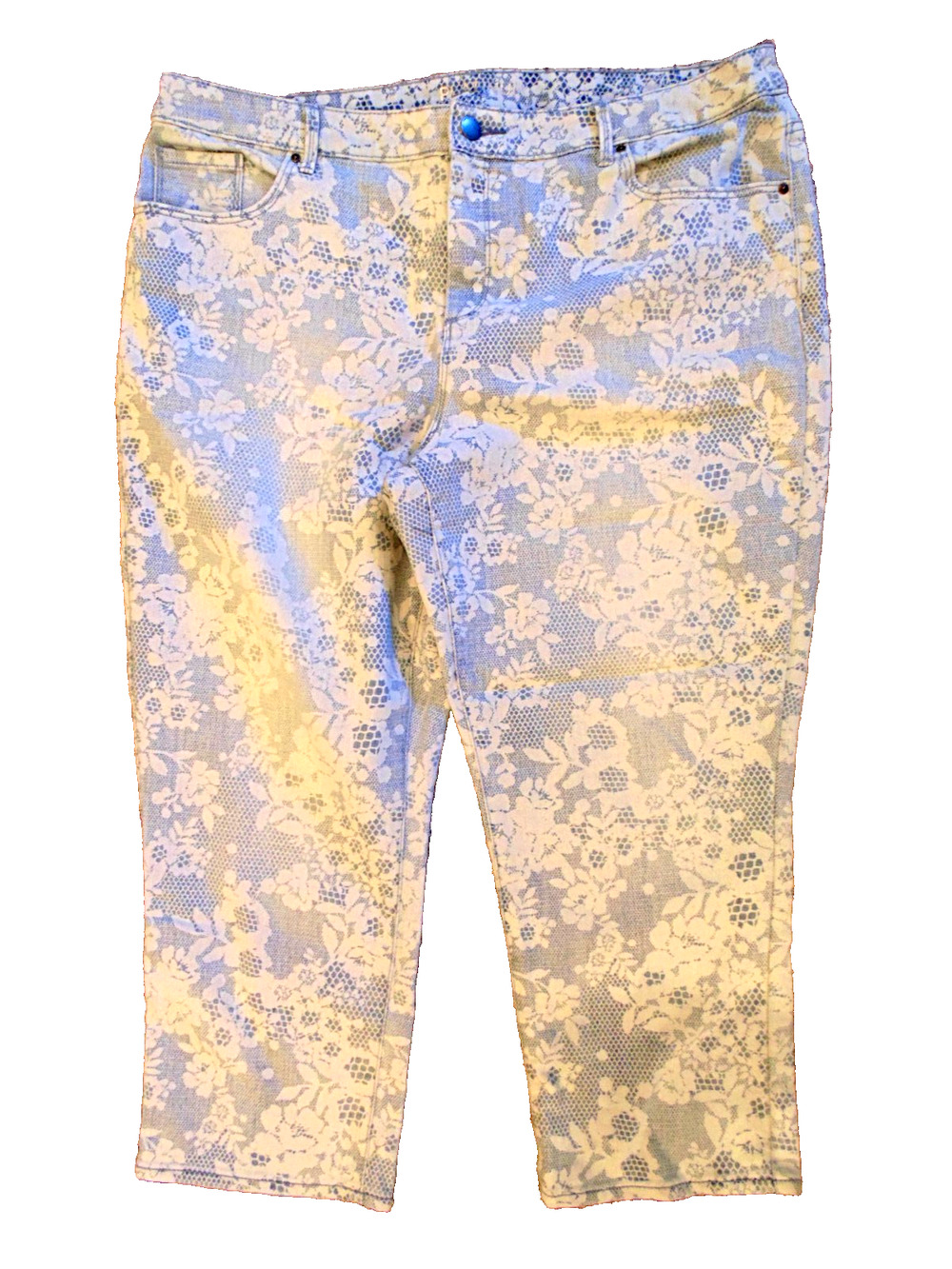 Vtg Boho Chico's Platinum White Lace Stretch Denim Capri Crop Pants womens L
